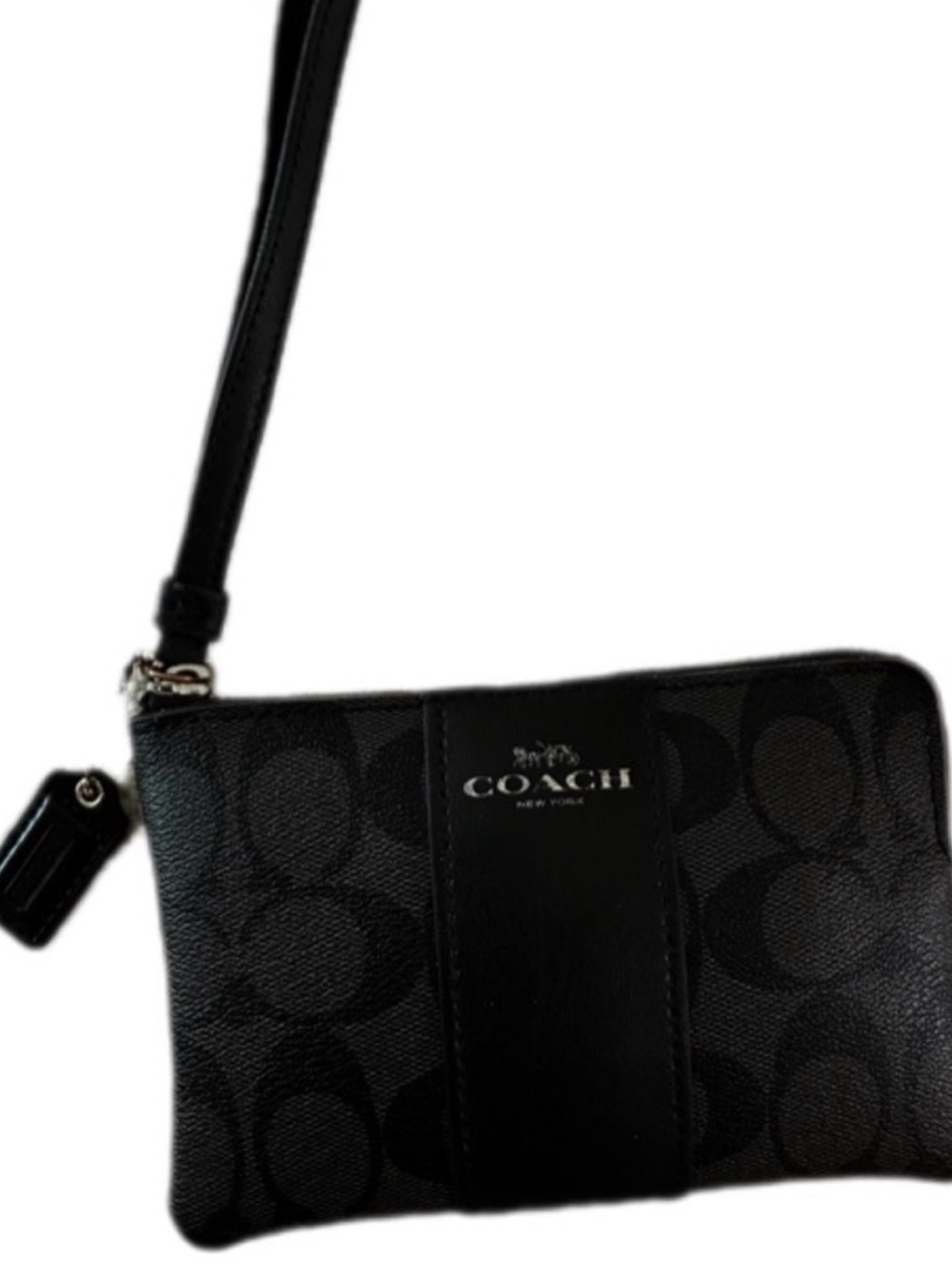 Coach Black Signature Zip Wristlet with Strap